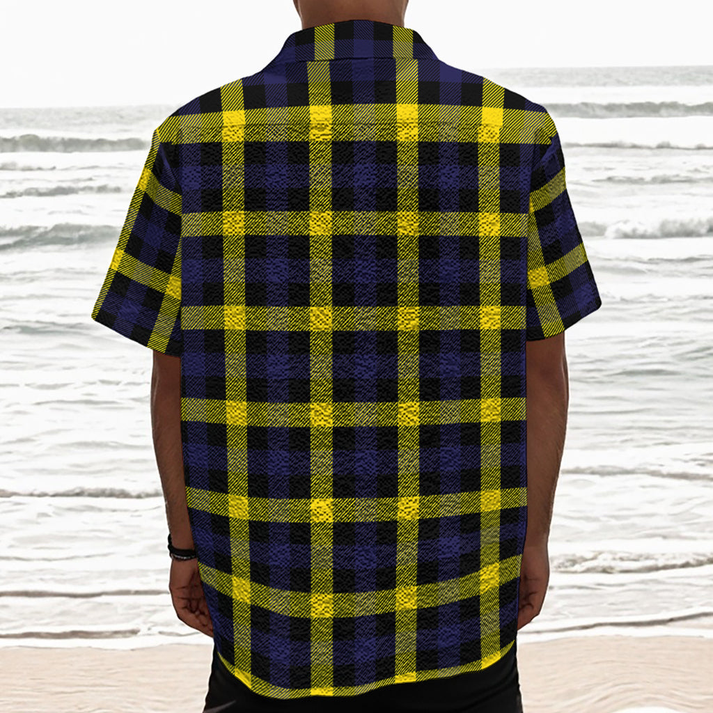Yellow Navy And Black Plaid Print Textured Short Sleeve Shirt