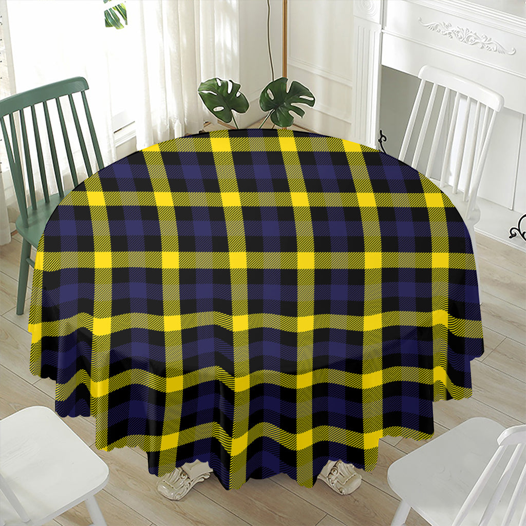 Yellow Navy And Black Plaid Print Waterproof Round Tablecloth