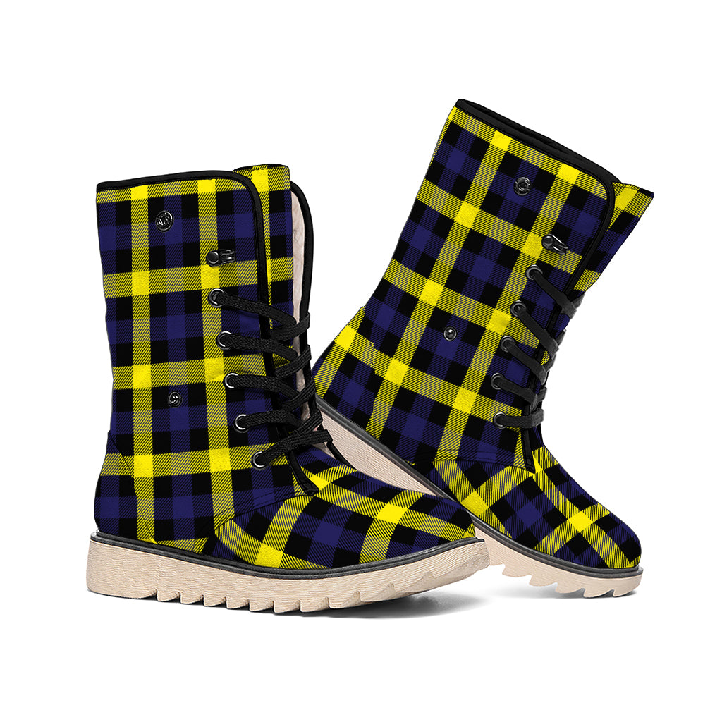 Yellow Navy And Black Plaid Print Winter Boots