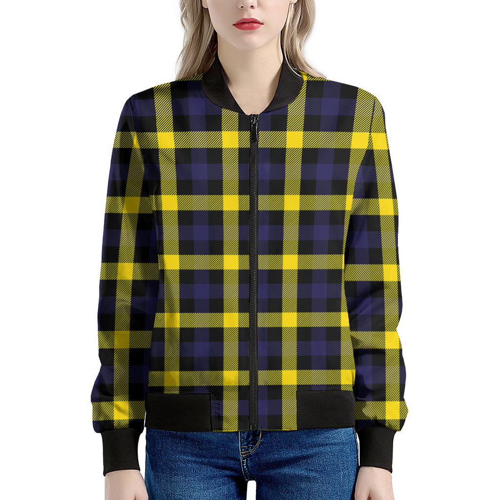 Yellow Navy And Black Plaid Print Women's Bomber Jacket