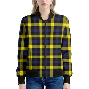 Yellow Navy And Black Plaid Print Women's Bomber Jacket