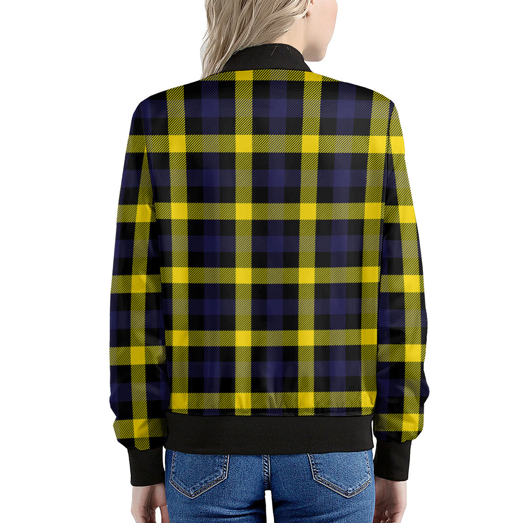 Yellow Navy And Black Plaid Print Women's Bomber Jacket