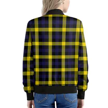Yellow Navy And Black Plaid Print Women's Bomber Jacket