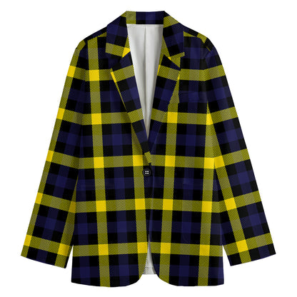 Yellow Navy And Black Plaid Print Women's Cotton Blazer