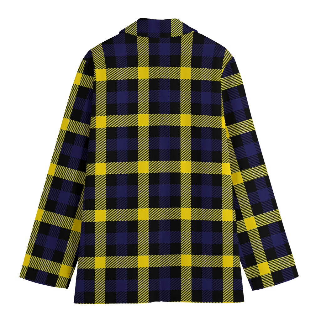Yellow Navy And Black Plaid Print Women's Cotton Blazer