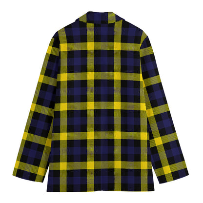 Yellow Navy And Black Plaid Print Women's Cotton Blazer