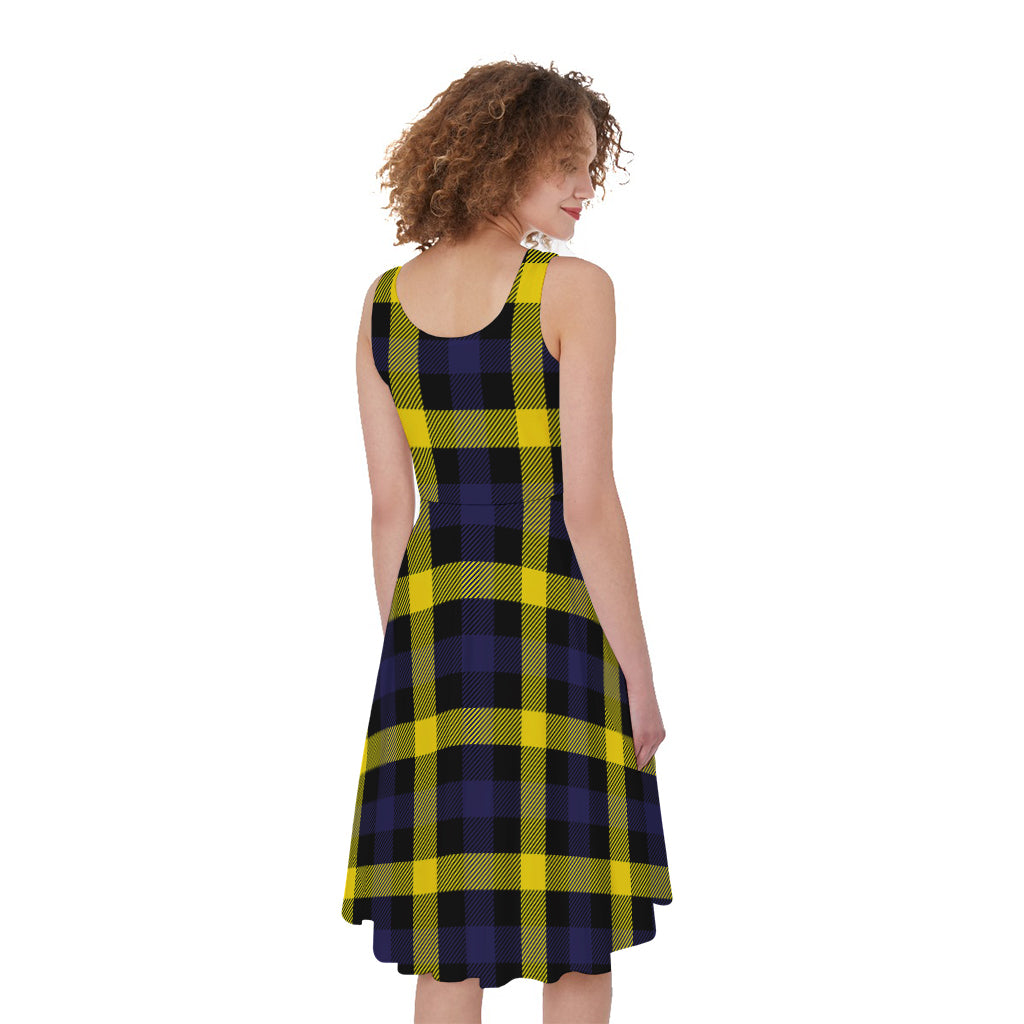 Yellow Navy And Black Plaid Print Women's Sleeveless Dress