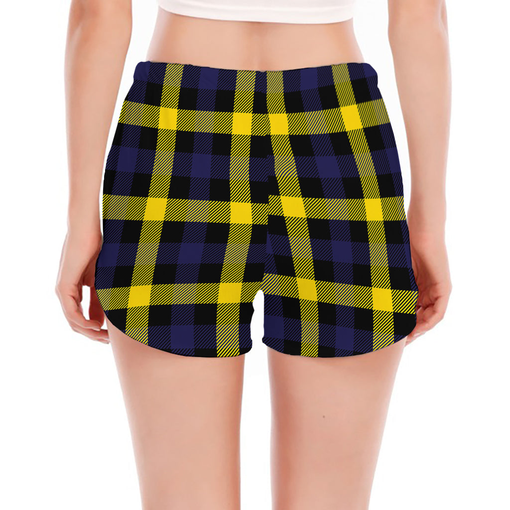 Yellow Navy And Black Plaid Print Women's Split Running Shorts