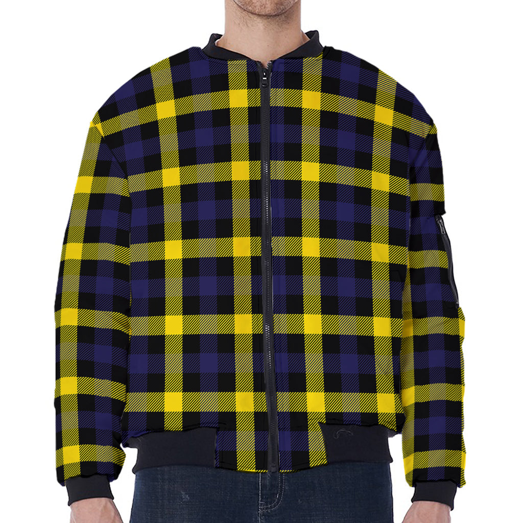 Yellow Navy And Black Plaid Print Zip Sleeve Bomber Jacket