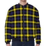 Yellow Navy And Black Plaid Print Zip Sleeve Bomber Jacket