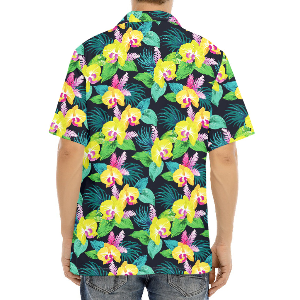 Yellow Orchid Pattern Print Aloha Shirt