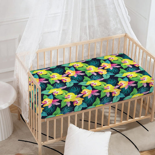 Yellow Orchid Pattern Print Baby Crib Sheet