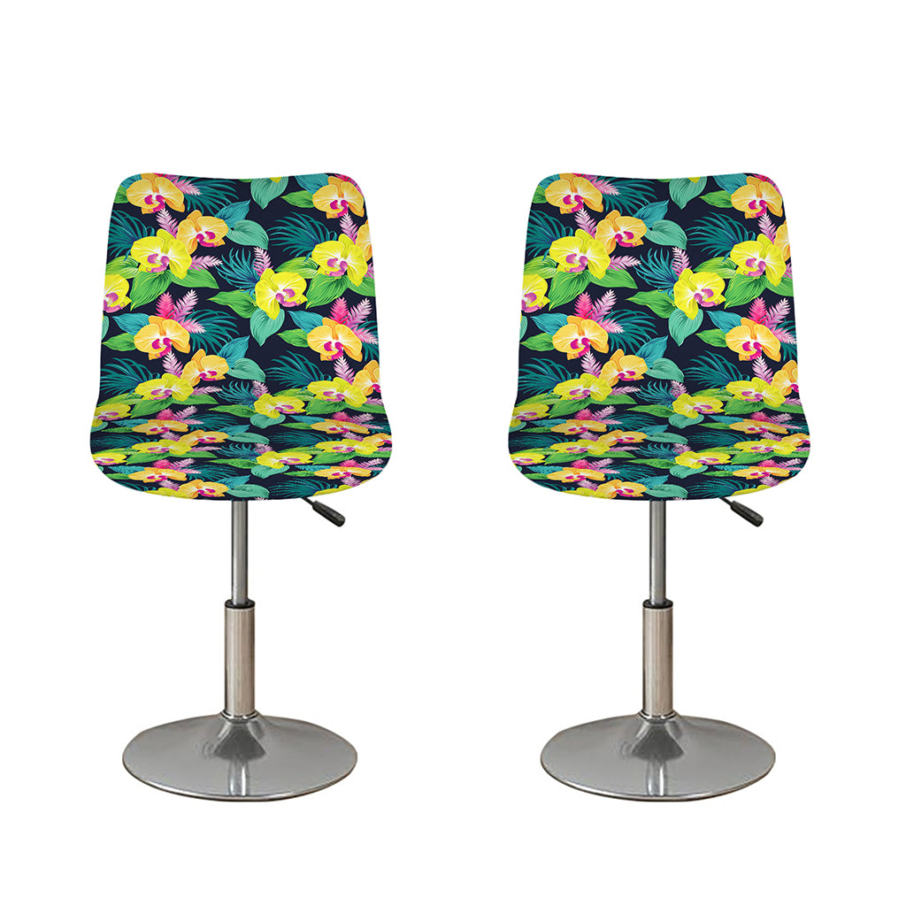 Yellow Orchid Pattern Print Bar Stool Covers