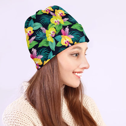 Yellow Orchid Pattern Print Beanie