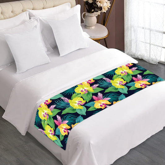 Yellow Orchid Pattern Print Bed Runner