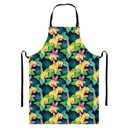 Yellow Orchid Pattern Print Bib Apron With Pocket