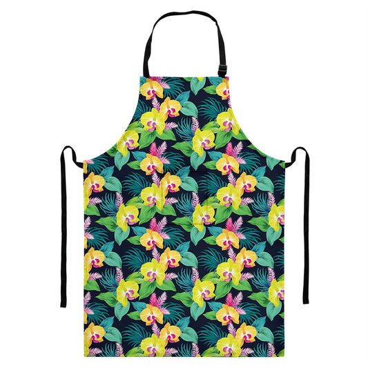 Yellow Orchid Pattern Print Bib Apron With Pocket