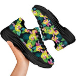 Yellow Orchid Pattern Print Black Chunky Shoes