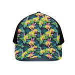Yellow Orchid Pattern Print Black Mesh Trucker Cap