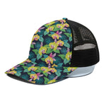Yellow Orchid Pattern Print Black Mesh Trucker Cap