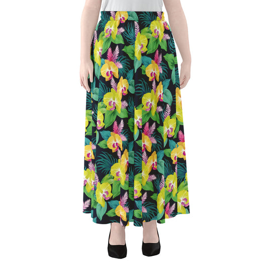 Yellow Orchid Pattern Print Chiffon Maxi Skirt