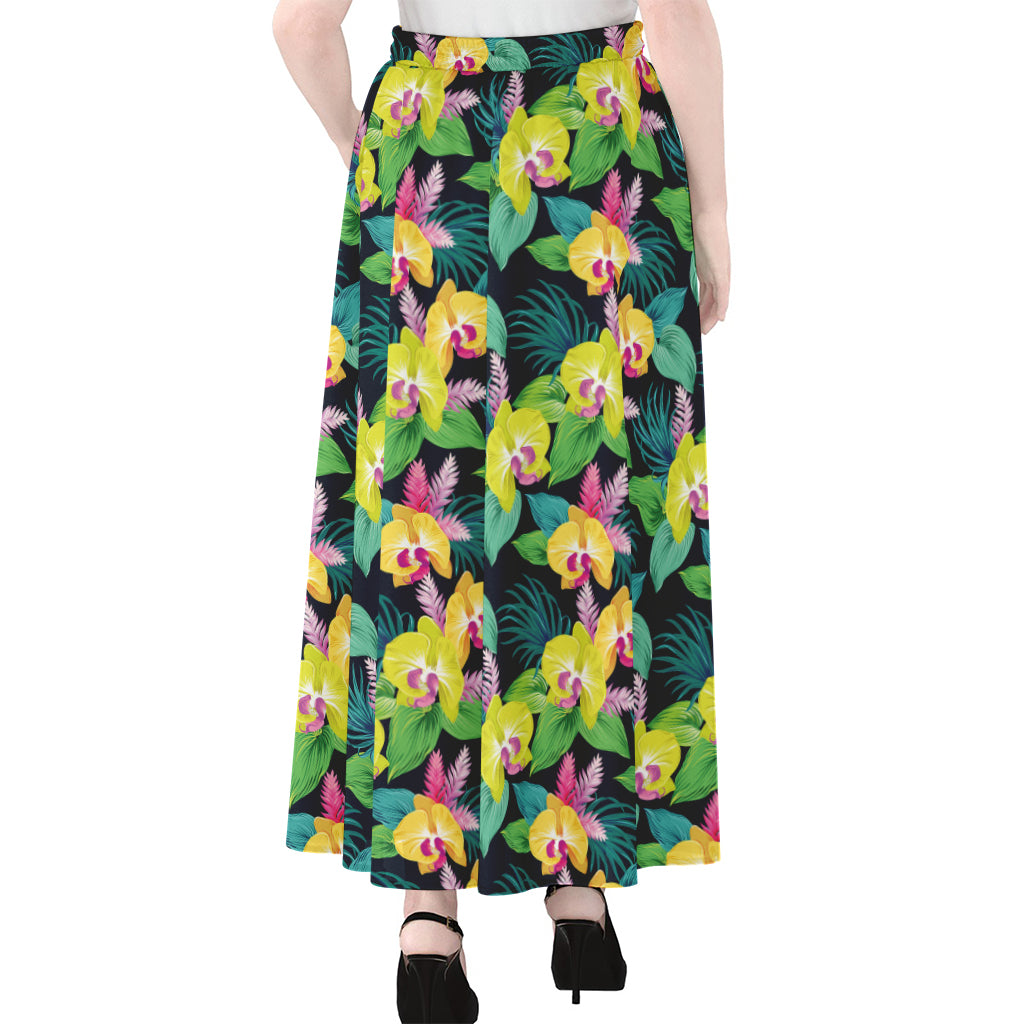 Yellow Orchid Pattern Print Chiffon Maxi Skirt