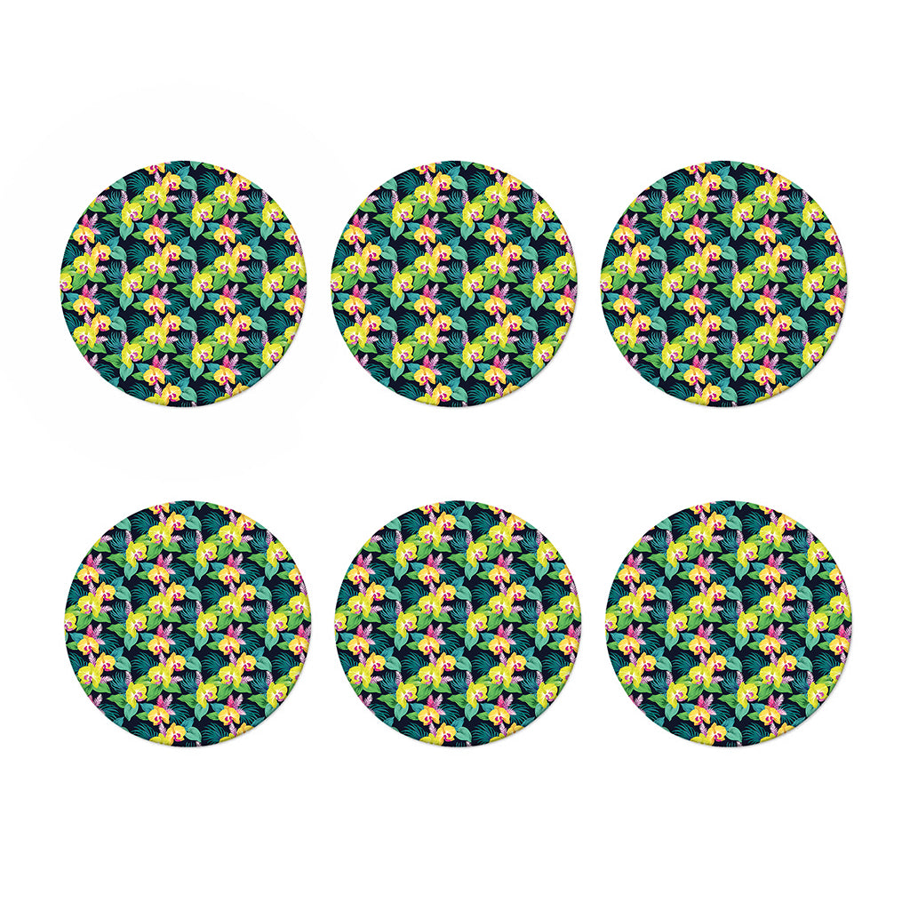 Yellow Orchid Pattern Print Coaster Set
