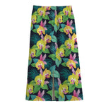 Yellow Orchid Pattern Print Cotton Front Slit Maxi Skirt