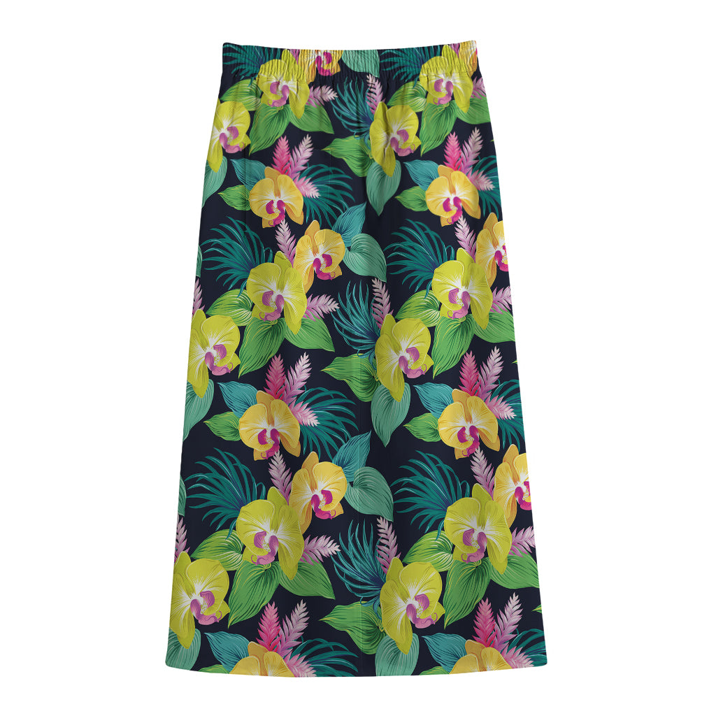 Yellow Orchid Pattern Print Cotton Front Slit Maxi Skirt