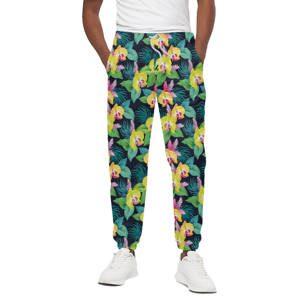 Yellow Orchid Pattern Print Cotton Pants