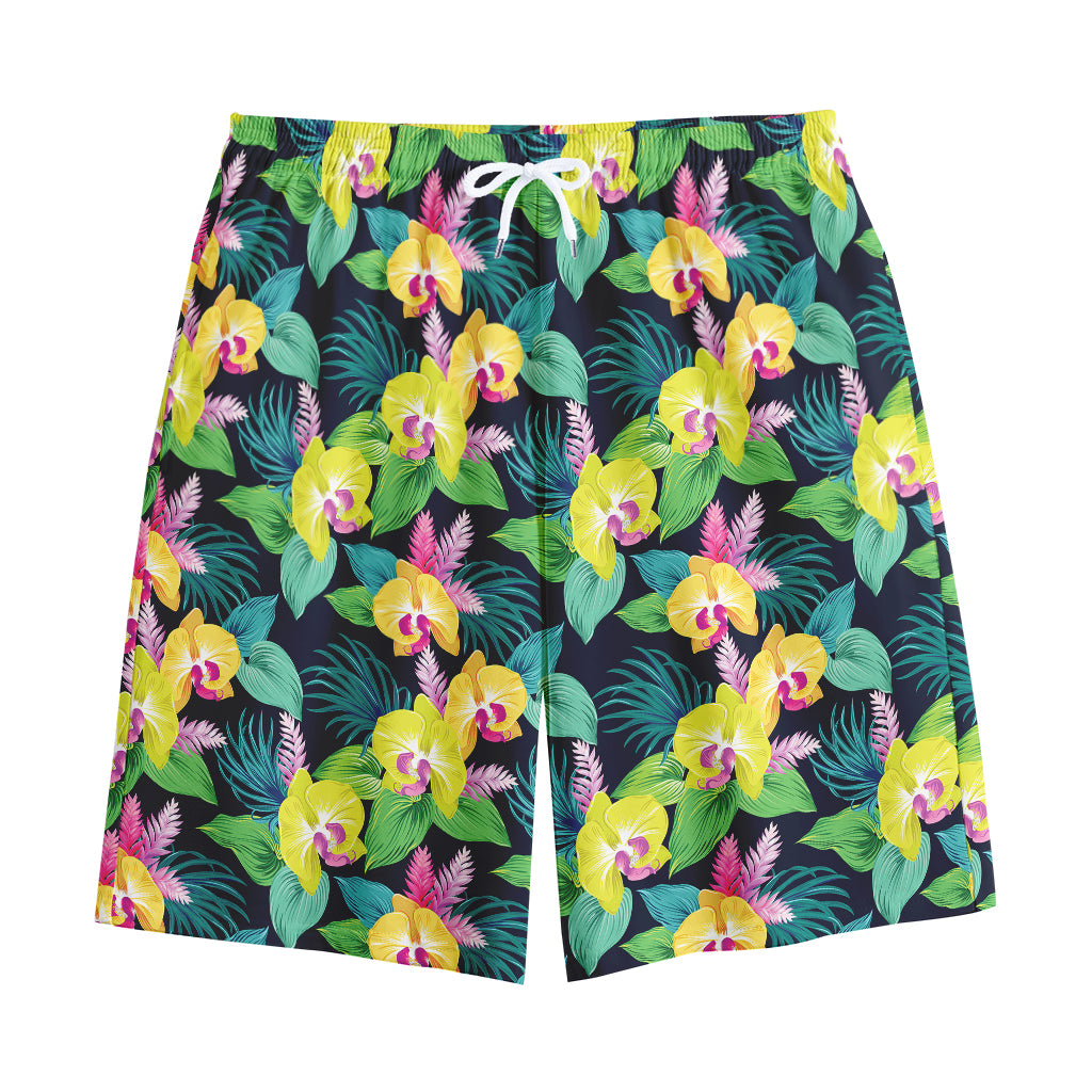 Yellow Orchid Pattern Print Cotton Shorts