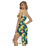 Yellow Orchid Pattern Print Cross Back Cami Dress