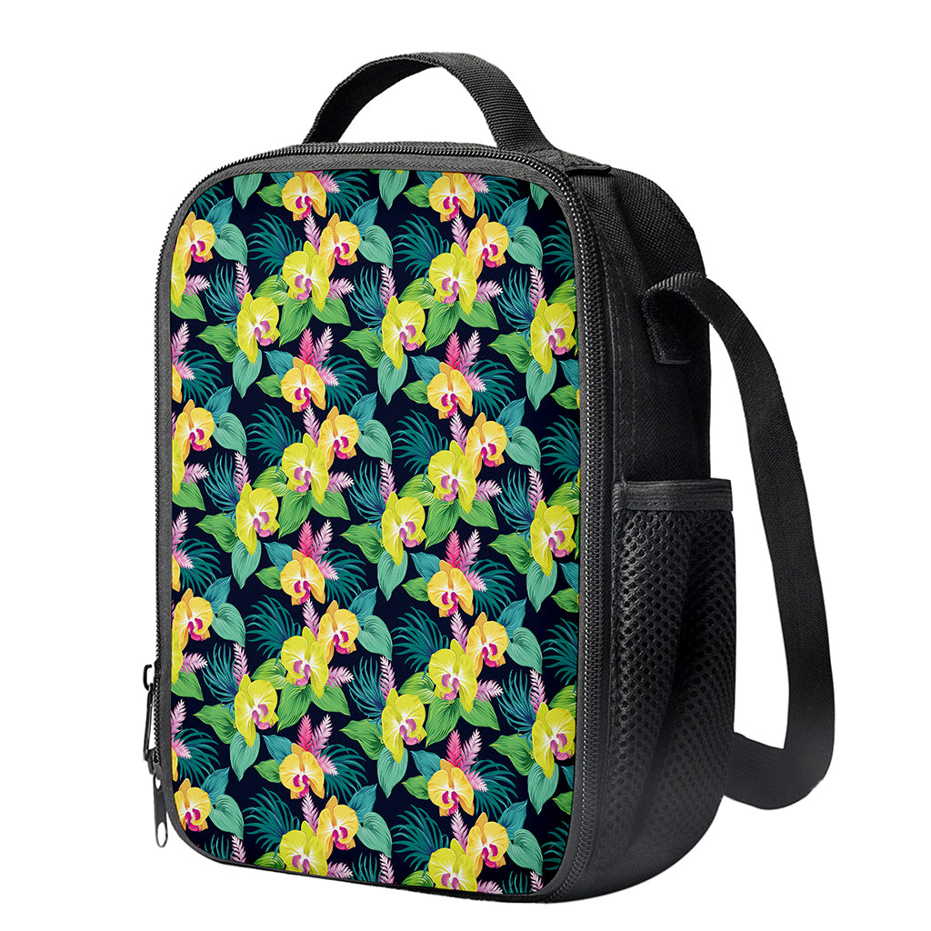 Yellow Orchid Pattern Print Crossbody Lunch Bag