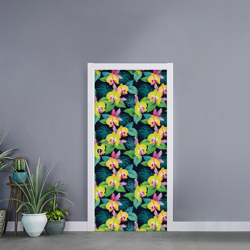 Yellow Orchid Pattern Print Door Sticker