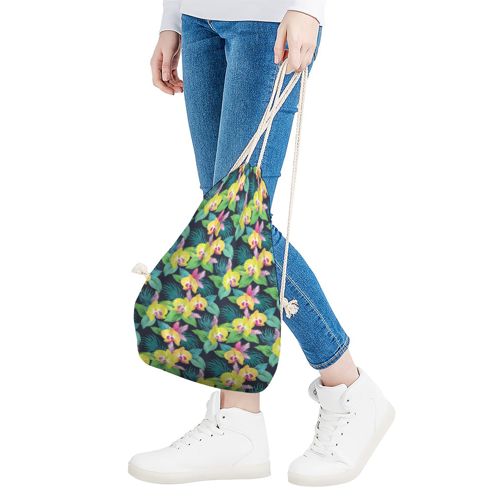 Yellow Orchid Pattern Print Drawstring Bag