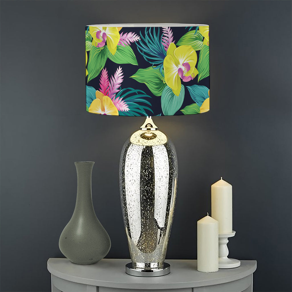 Yellow Orchid Pattern Print Drum Lamp Shade