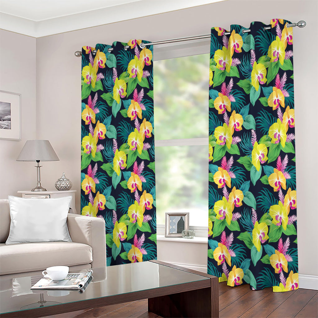 Yellow Orchid Pattern Print Extra Wide Grommet Curtains
