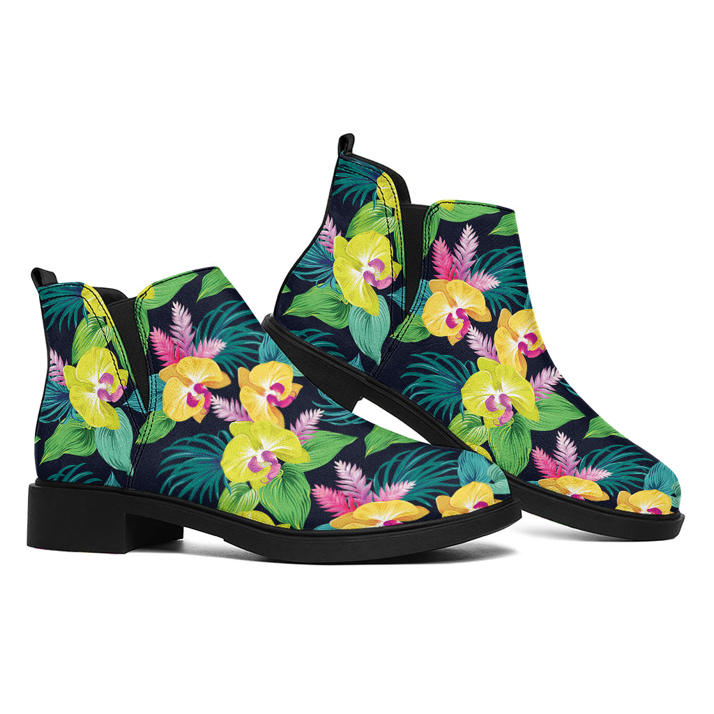 Yellow Orchid Pattern Print Flat Ankle Boots