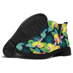 Yellow Orchid Pattern Print Flat Ankle Boots