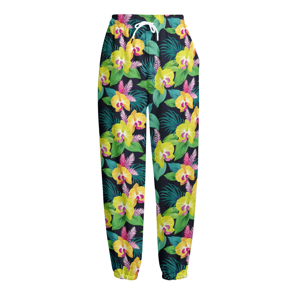 Yellow Orchid Pattern Print Fleece Lined Knit Pants