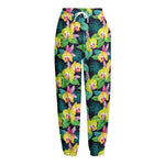 Yellow Orchid Pattern Print Fleece Lined Knit Pants