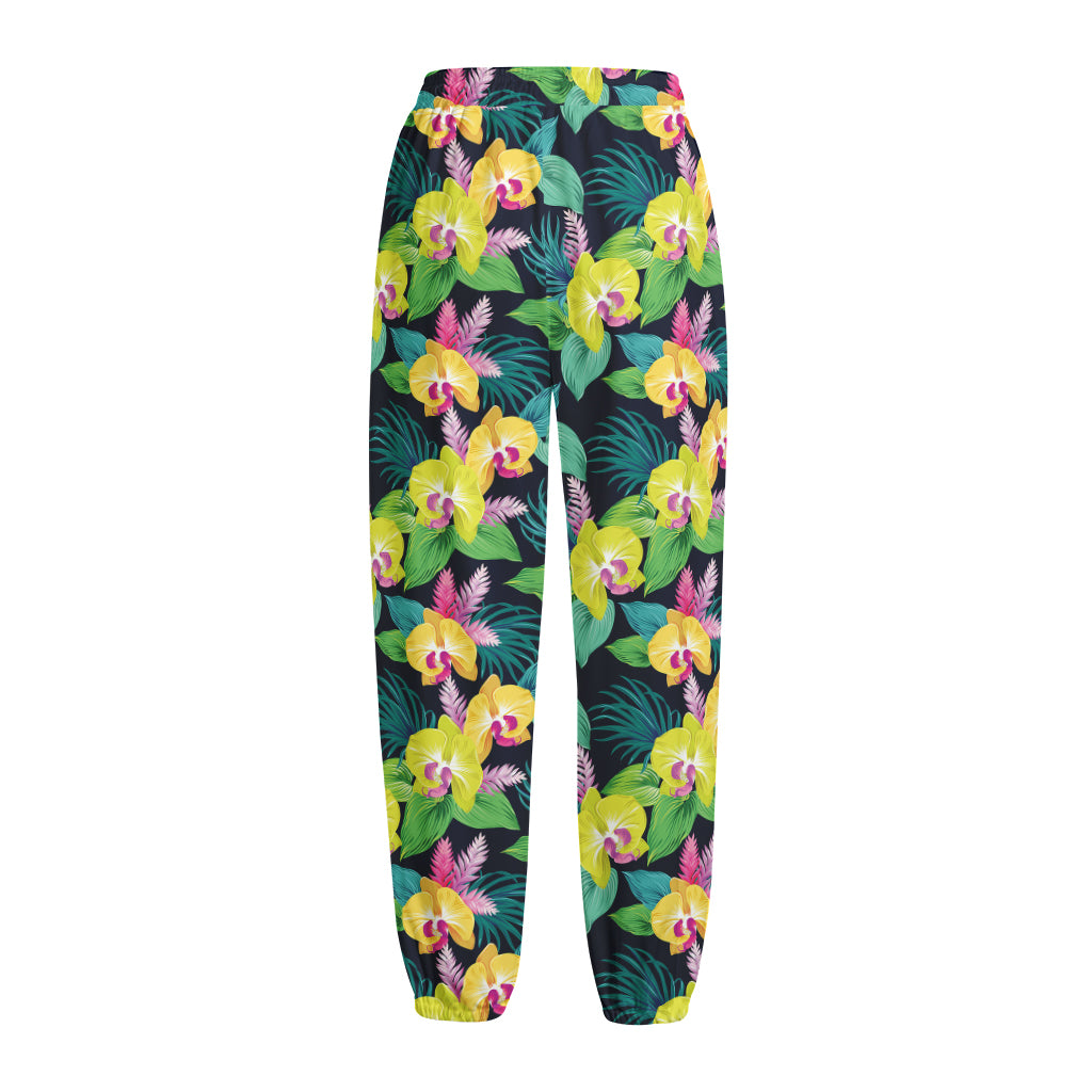 Yellow Orchid Pattern Print Fleece Lined Knit Pants