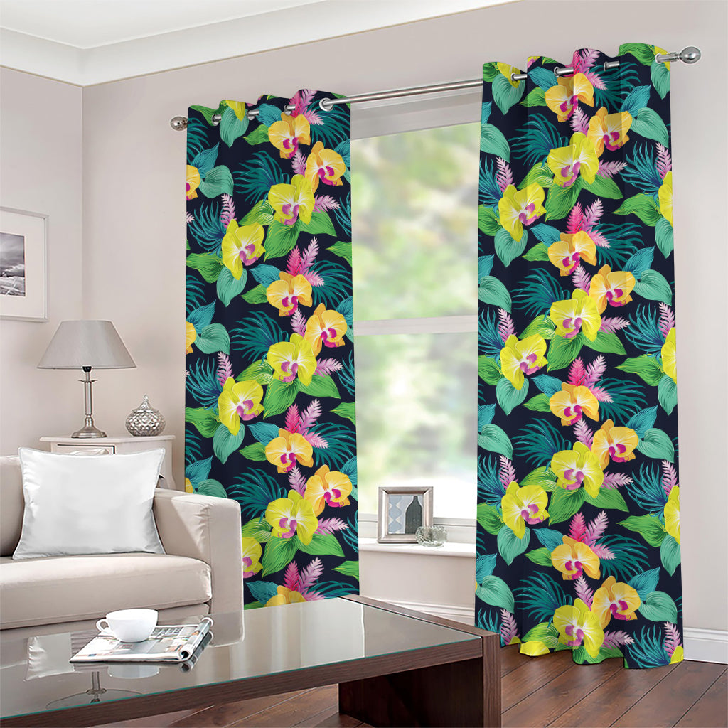 Yellow Orchid Pattern Print Grommet Curtains