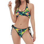 Yellow Orchid Pattern Print Halter Scoop Tie Side Bikini