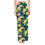 Yellow Orchid Pattern Print High Slit Maxi Skirt