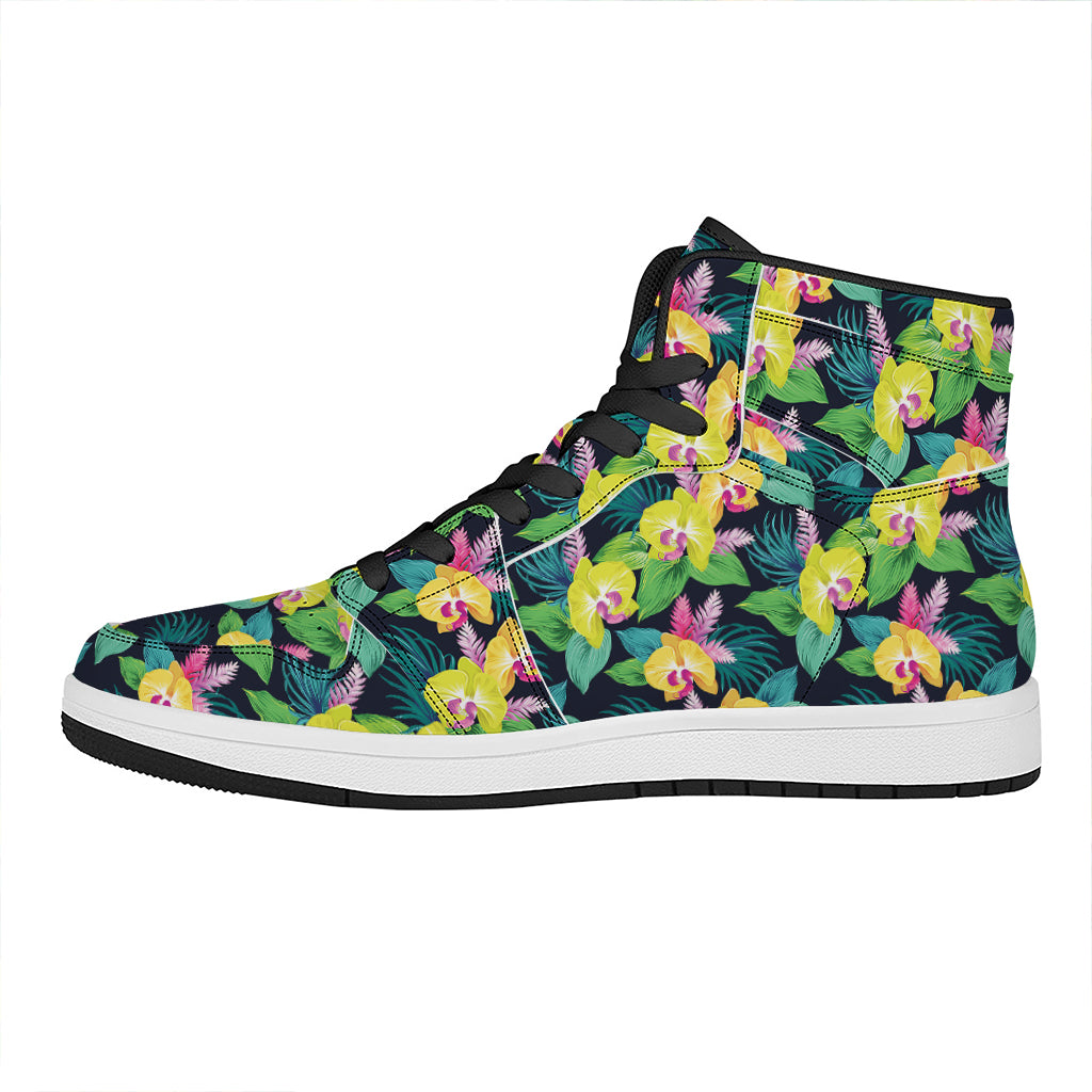 Yellow Orchid Pattern Print High Top Leather Sneakers