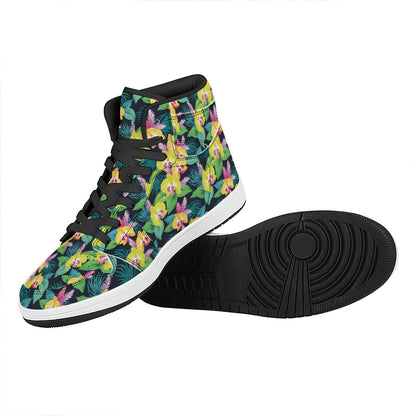 Yellow Orchid Pattern Print High Top Leather Sneakers