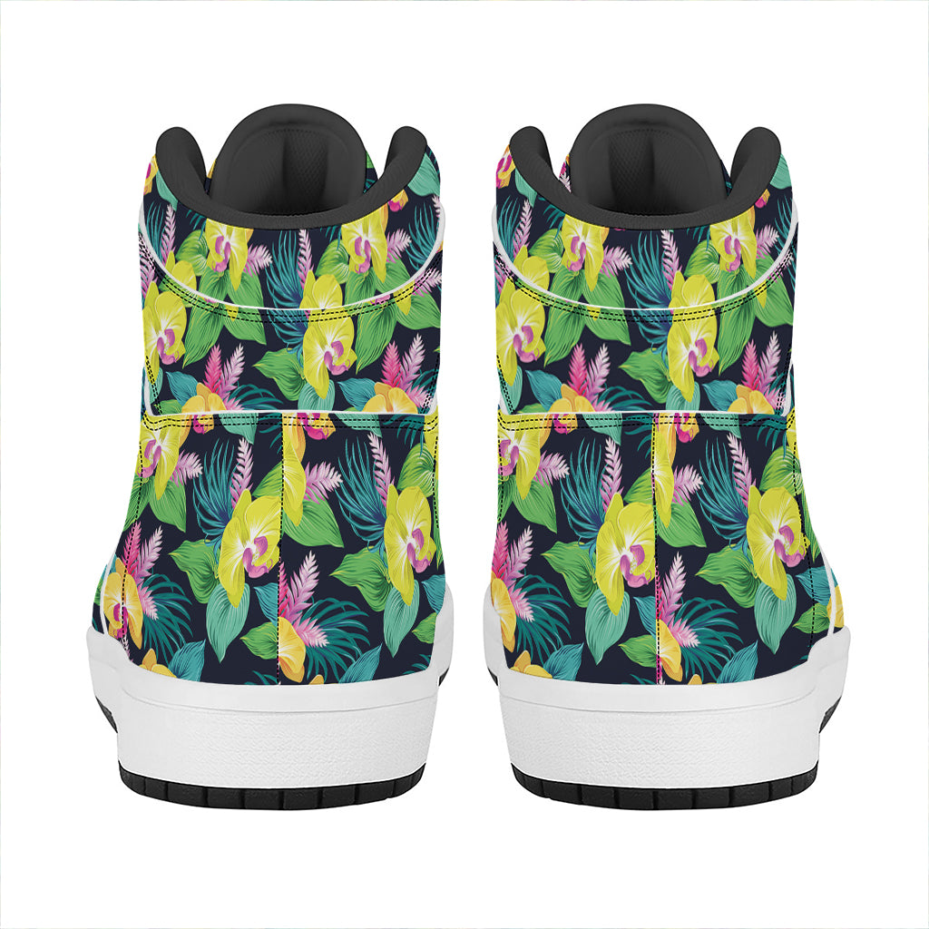 Yellow Orchid Pattern Print High Top Leather Sneakers