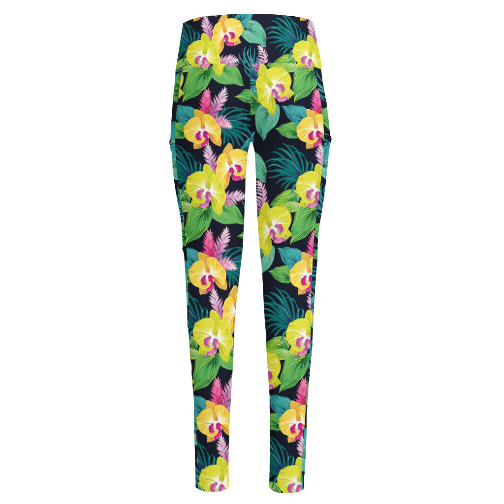 Yellow Orchid Pattern Print High-Waisted Pocket Leggings