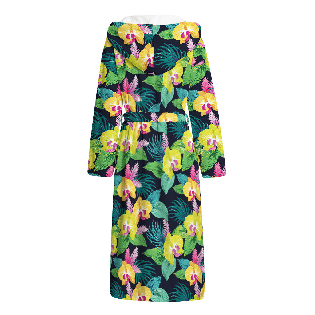 Yellow Orchid Pattern Print Hooded Bathrobe
